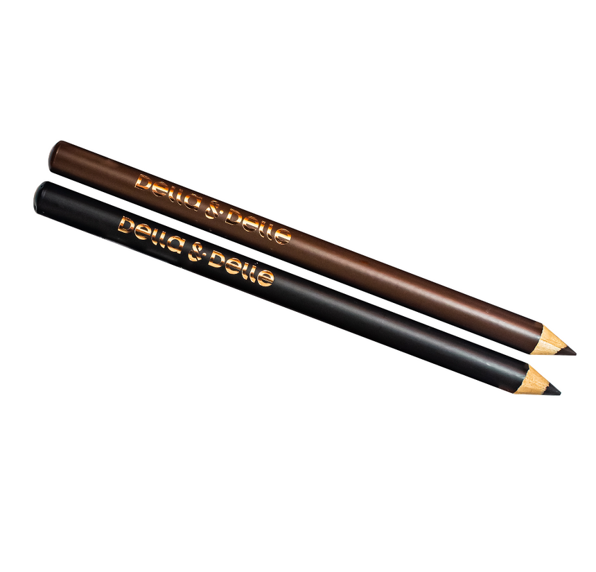 Two eyeliner pencils, one brown and one black. Both have the Della Delle brand printed in gold in the body of the pencil.